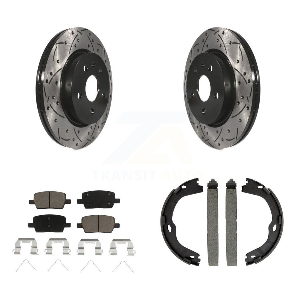 Rear Disc Drilled & Slotted Rotors Ceramic Pads Parking Shoes Kit For Chevrolet Camaro KDC-101419