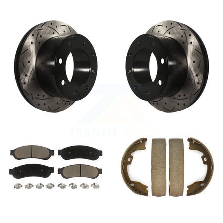 Rear Disc Drilled & Slotted Rotors Ceramic Pads Parking Shoes Kit For Ford F-350 Super KDC-101420