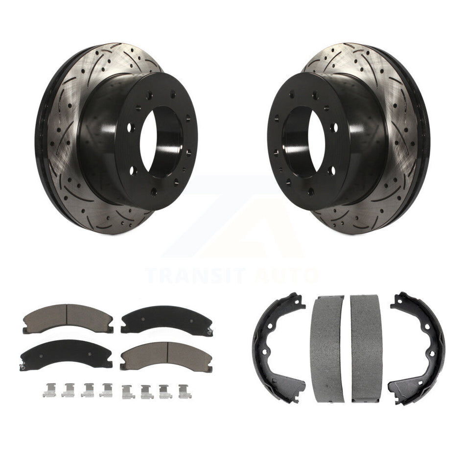 Rear Disc Drilled & Slotted Rotors Ceramic Pads Parking Shoes Kit For GMC Sierra 2500 HD KDC-101421