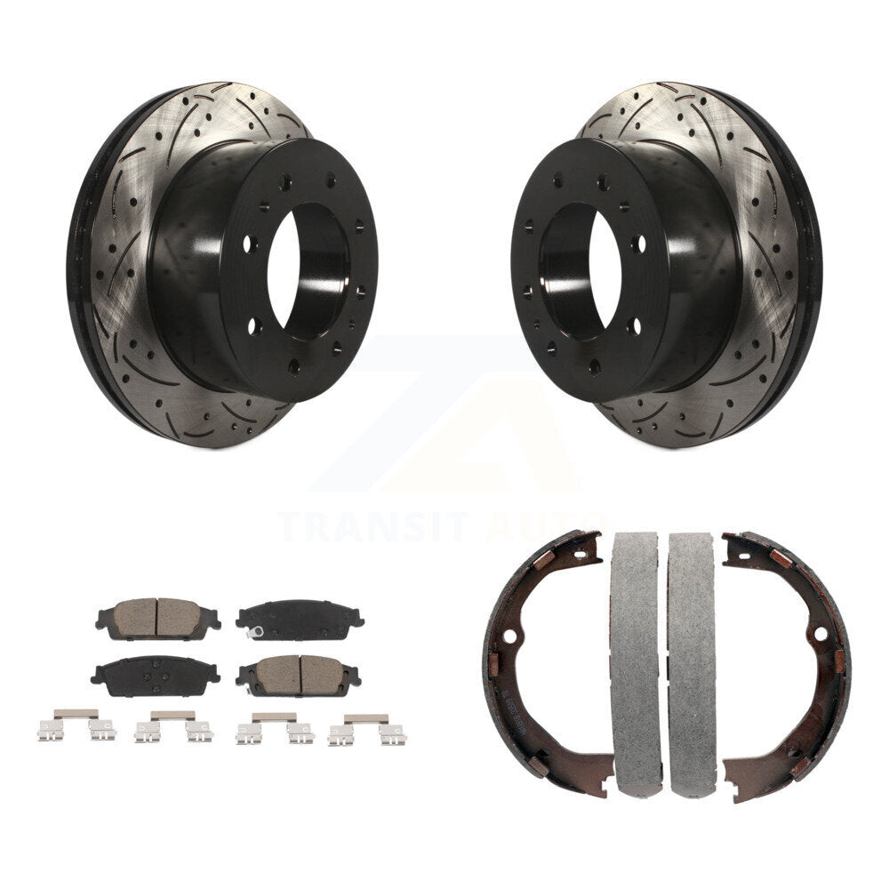 Rear Disc Drilled & Slotted Rotors Ceramic Pads Parking Shoes Kit For Chevrolet Suburban KDC-101424