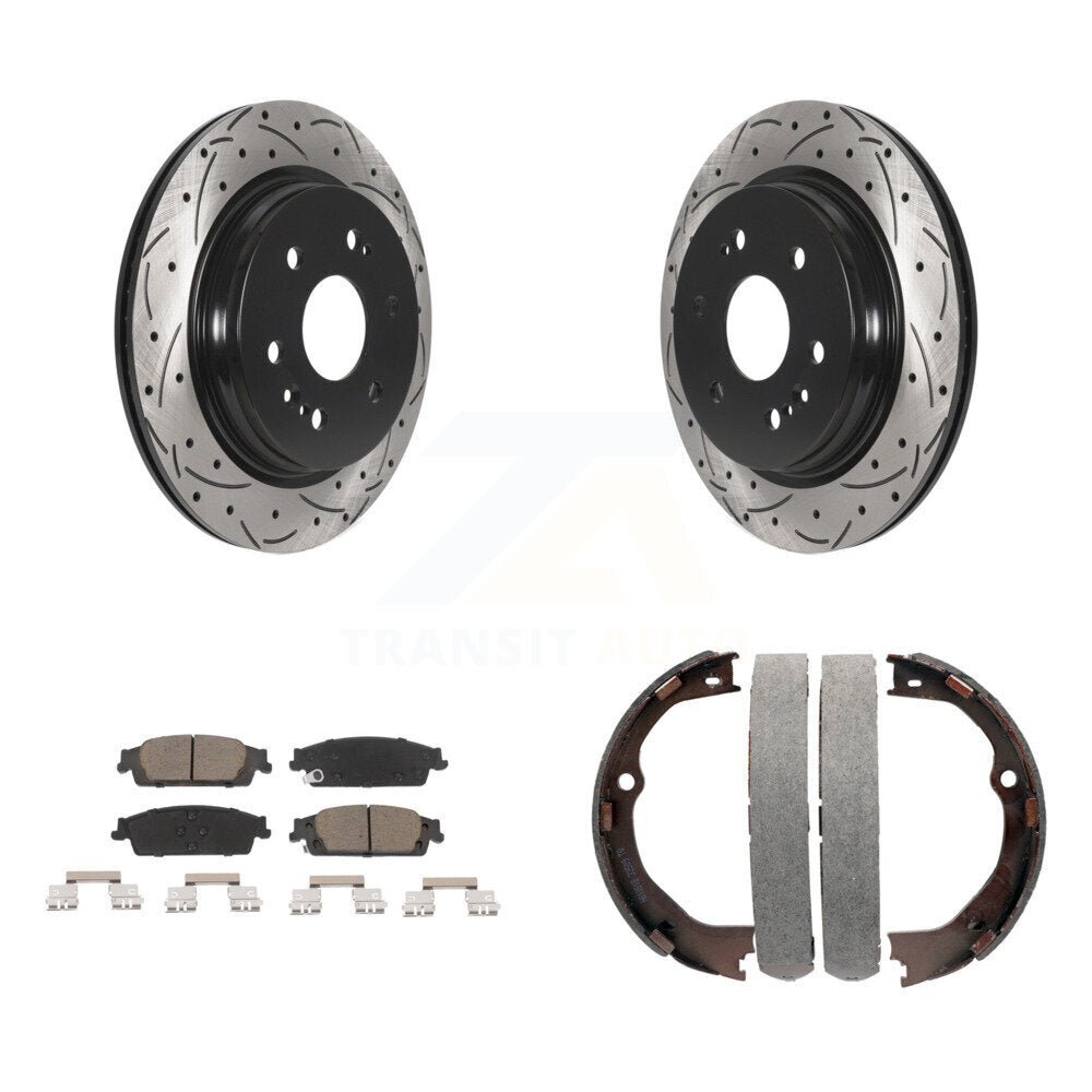 Rear Disc Drilled & Slotted Rotors Ceramic Pads Parking Shoes Kit For Chevrolet Silverado KDC-101425