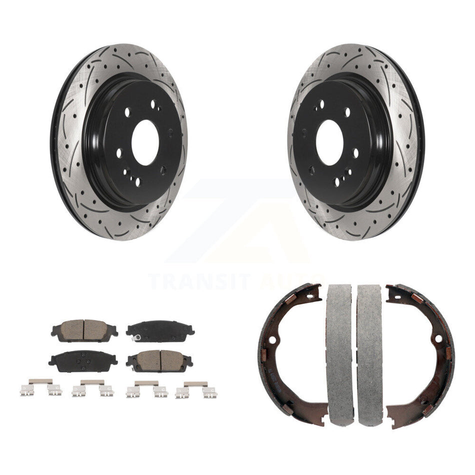 Rear Disc Drilled & Slotted Rotors Ceramic Pads Parking Shoes Kit For Chevrolet Silverado KDC-101425