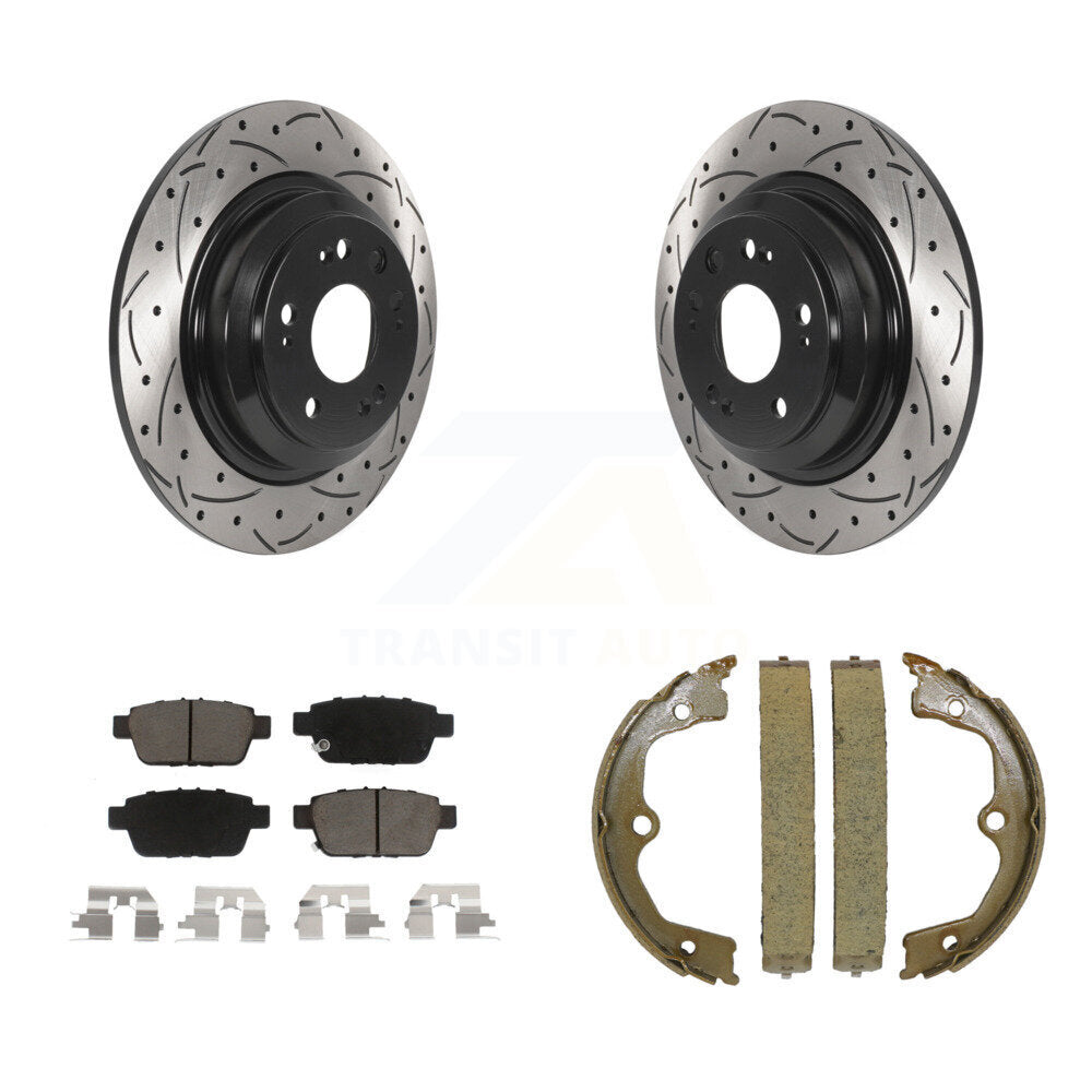 Rear Disc Drilled & Slotted Rotors Ceramic Pads Parking Shoes Kit For 2009-2014 Acura TL KDC-101426
