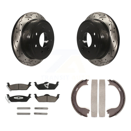 Rear Disc Drilled & Slotted Rotors Ceramic Pads Parking Brake Shoes Kit For Ford F-150 KDC-101428