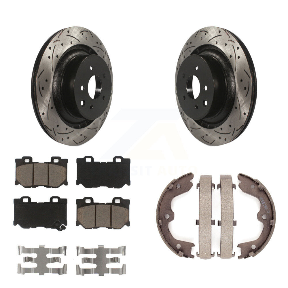 Rear Disc Drilled & Slotted Rotors Ceramic Pads Parking Shoes Kit For INFINITI G37 Nissan KDC-101430
