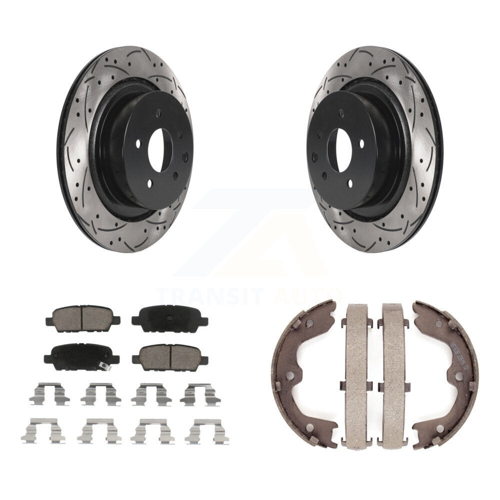 Rear Disc Drilled & Slotted Rotors Ceramic Pads Parking Shoes Kit For INFINITI G35 Q60 KDC-101432