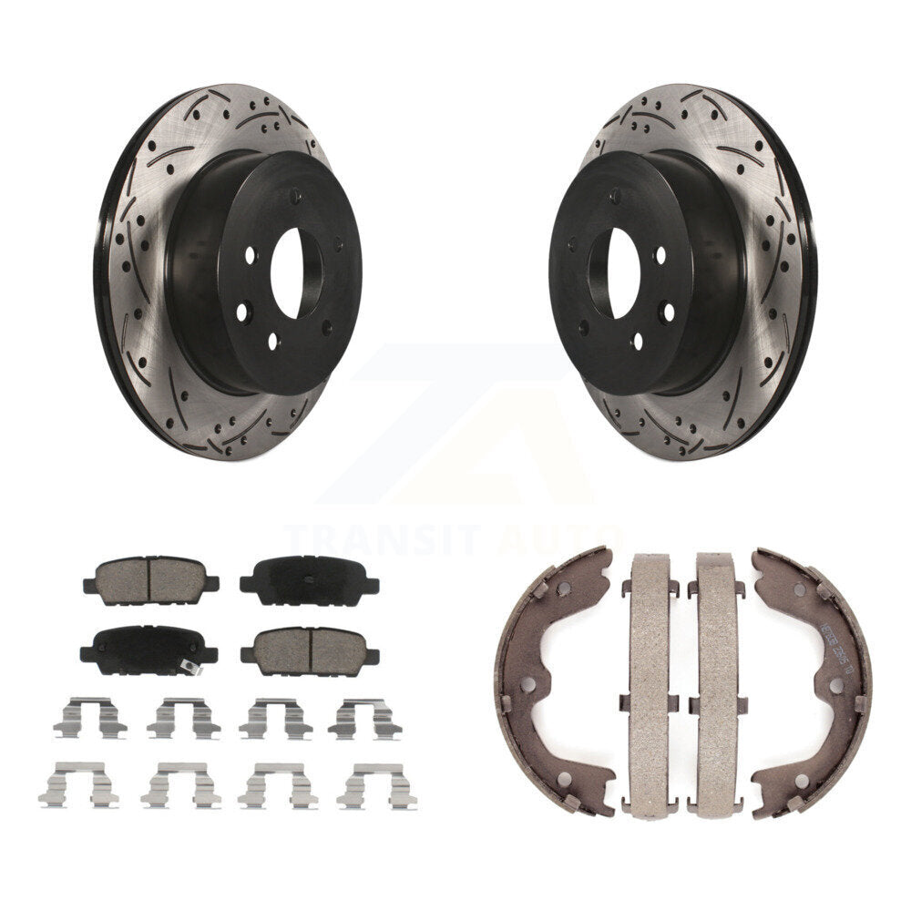 Rear Disc Drilled & Slotted Rotors Ceramic Pads Parking Shoes Kit For INFINITI G35 Nissan KDC-101437