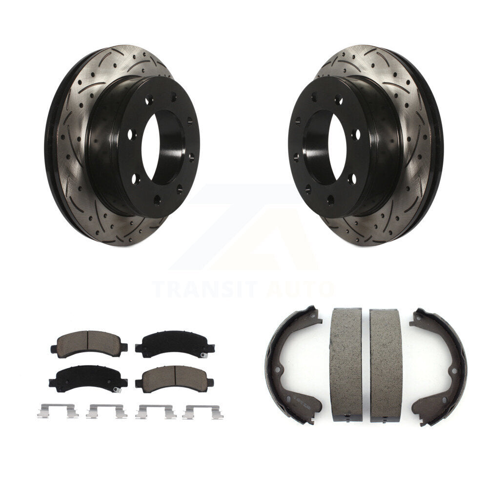 Rear Disc Drilled & Slotted Rotors Ceramic Pads And Parking Shoes Kit For GMC Savana 3500 KDC-101440