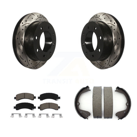 Rear Disc Drilled & Slotted Rotors Ceramic Pads And Parking Shoes Kit For GMC Savana 3500 KDC-101440