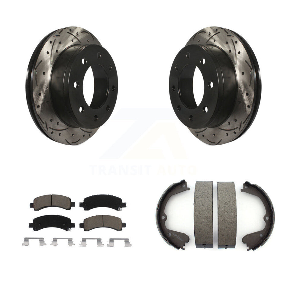 Rear Disc Drilled & Slotted Rotors Ceramic Pads And Parking Shoes Kit For GMC Savana 3500 KDC-101441