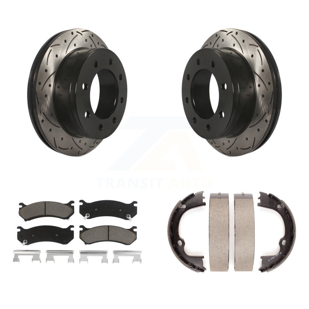 Rear Disc Drilled & Slotted Rotors Ceramic Pads Parking Shoes Kit For GMC Chevrolet 2500 KDC-101443