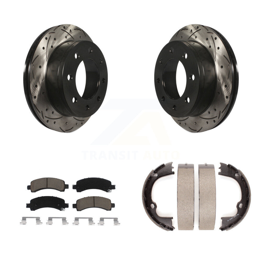 Rear Disc Drilled & Slotted Rotors Ceramic Pads Parking Shoes Kit For Chevrolet Express KDC-101444