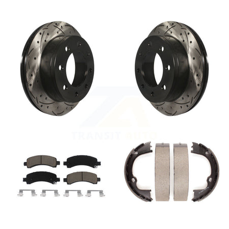 Rear Disc Drilled & Slotted Rotors Ceramic Pads Parking Shoes Kit For Chevrolet Express KDC-101444