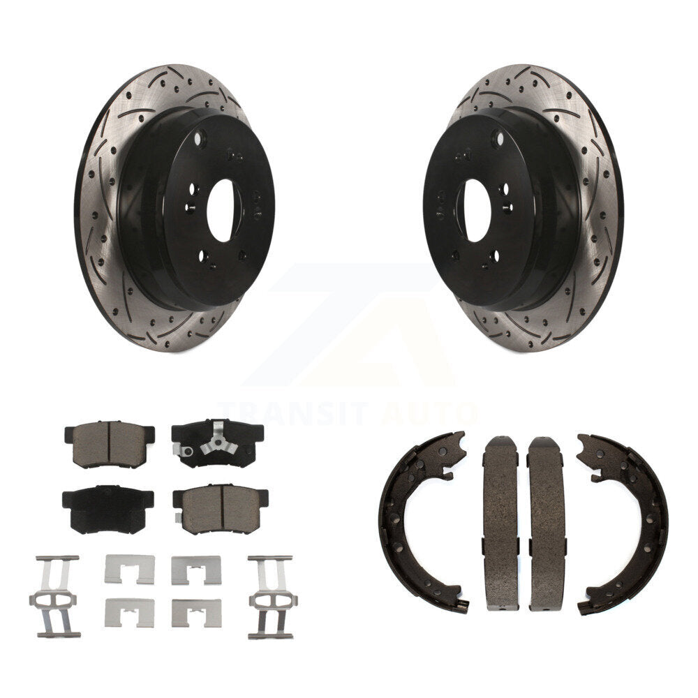 Rear Disc Drilled & Slotted Rotors Ceramic Pads Parking Shoes Kit For 05-06 Honda CR-V KDC-101447