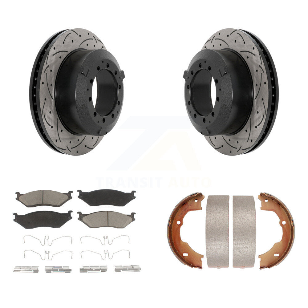 Rear Disc Drilled & Slotted Rotors Ceramic Pads Parking Shoes Kit For Ford F-450 Super KDC-101448