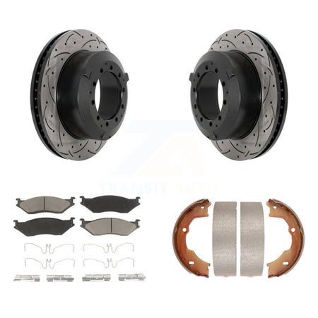 Rear Disc Drilled & Slotted Rotors Ceramic Pads Parking Shoes Kit For Ford F-450 Super KDC-101448