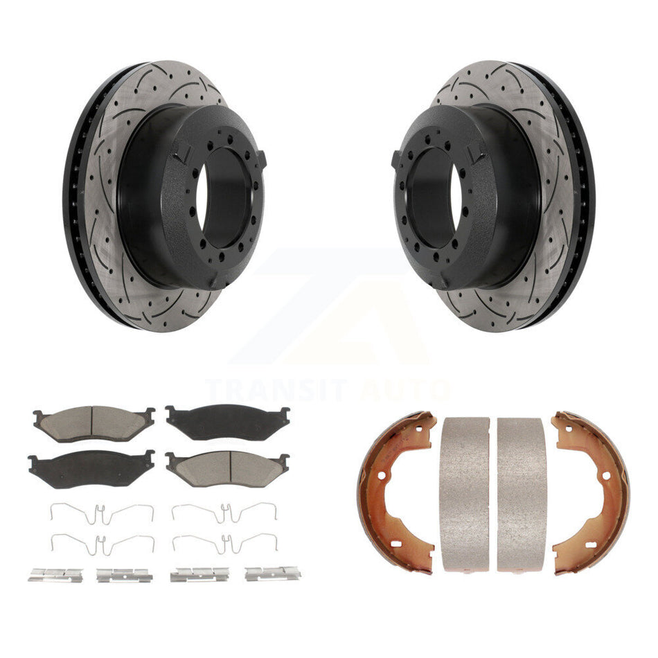 Rear Disc Drilled & Slotted Rotors Ceramic Pads Parking Shoes Kit For Ford F-450 Super KDC-101448