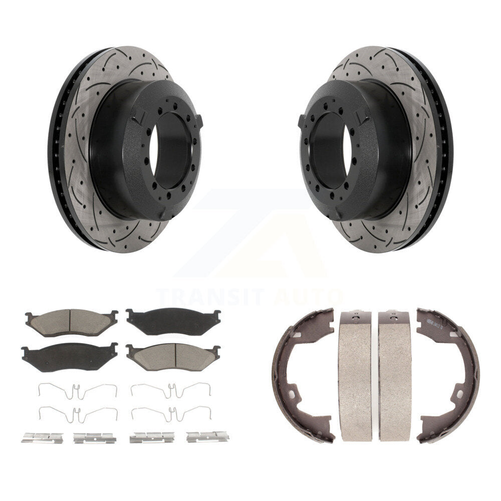 Rear Disc Drilled & Slotted Rotors Ceramic Pads Parking Shoes Kit For Ford F-450 Super IC KDC-101449