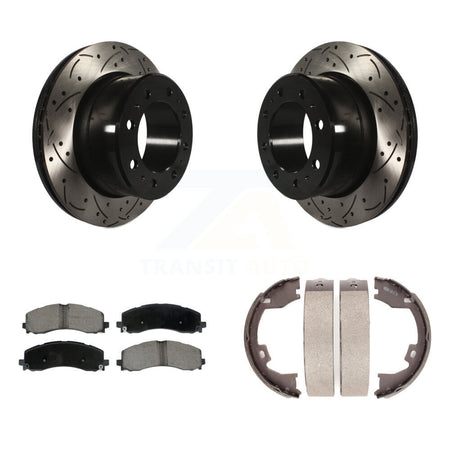 Rear Disc Drilled & Slotted Rotors Ceramic Pads Parking Brake Shoes Kit For Ram 2500 3500 KDC-101450