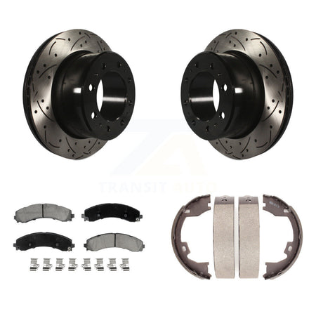 Rear Disc Drilled & Slotted Rotors Ceramic Pads And Parking Brake Shoes Kit For Ram 3500 KDC-101451