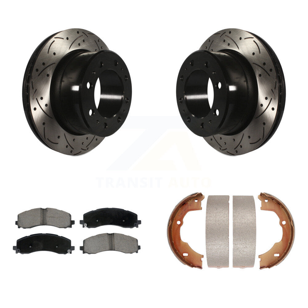 Rear Disc Drilled & Slotted Rotors Ceramic Pads And Parking Brake Shoes Kit For Ram 3500 KDC-101452