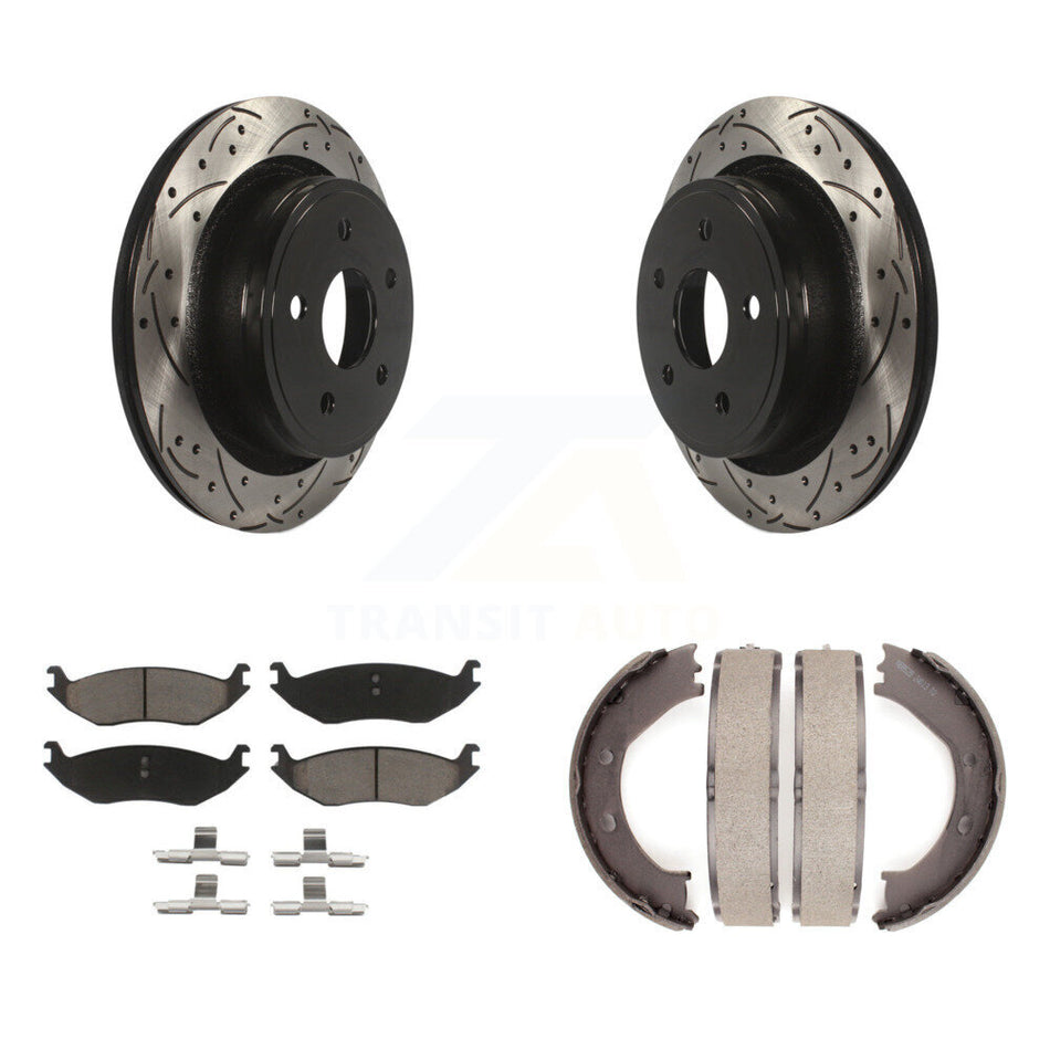 Rear Disc Drilled & Slotted Rotors Ceramic Pads And Parking Shoes Kit For Dodge Ram 1500 KDC-101454