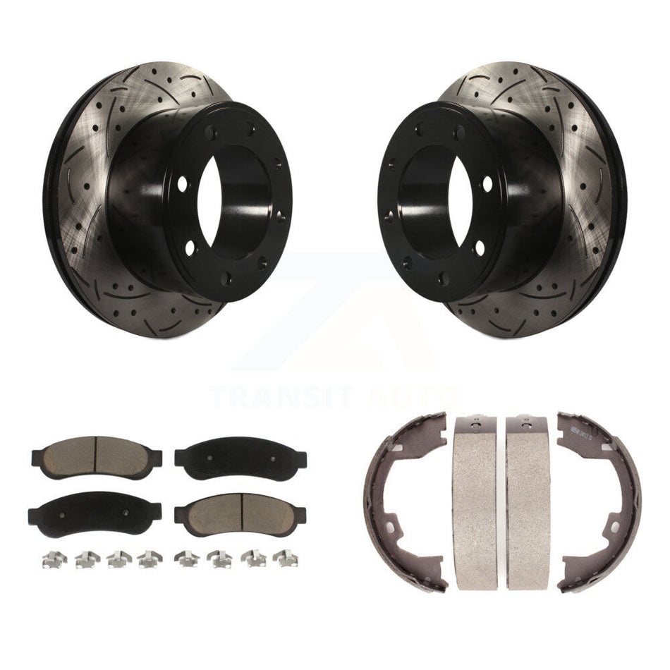 Rear Disc Drilled & Slotted Rotors Ceramic Pads Parking Shoes Kit For Ford F-250 Super KDC-101455