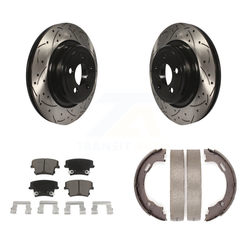 Rear Disc Drilled & Slotted Rotors Ceramic Pads Parking Brake Shoes Kit For Dodge Charger KDC-101459