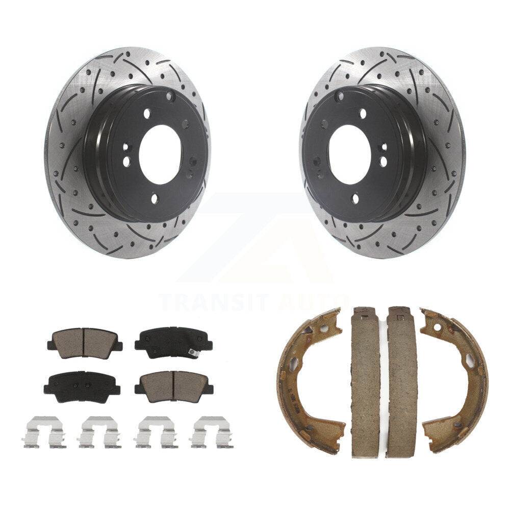 Rear Disc Drilled & Slotted Rotors Ceramic Pads Parking Shoes Kit For Hyundai Sonata Kia KDC-101468