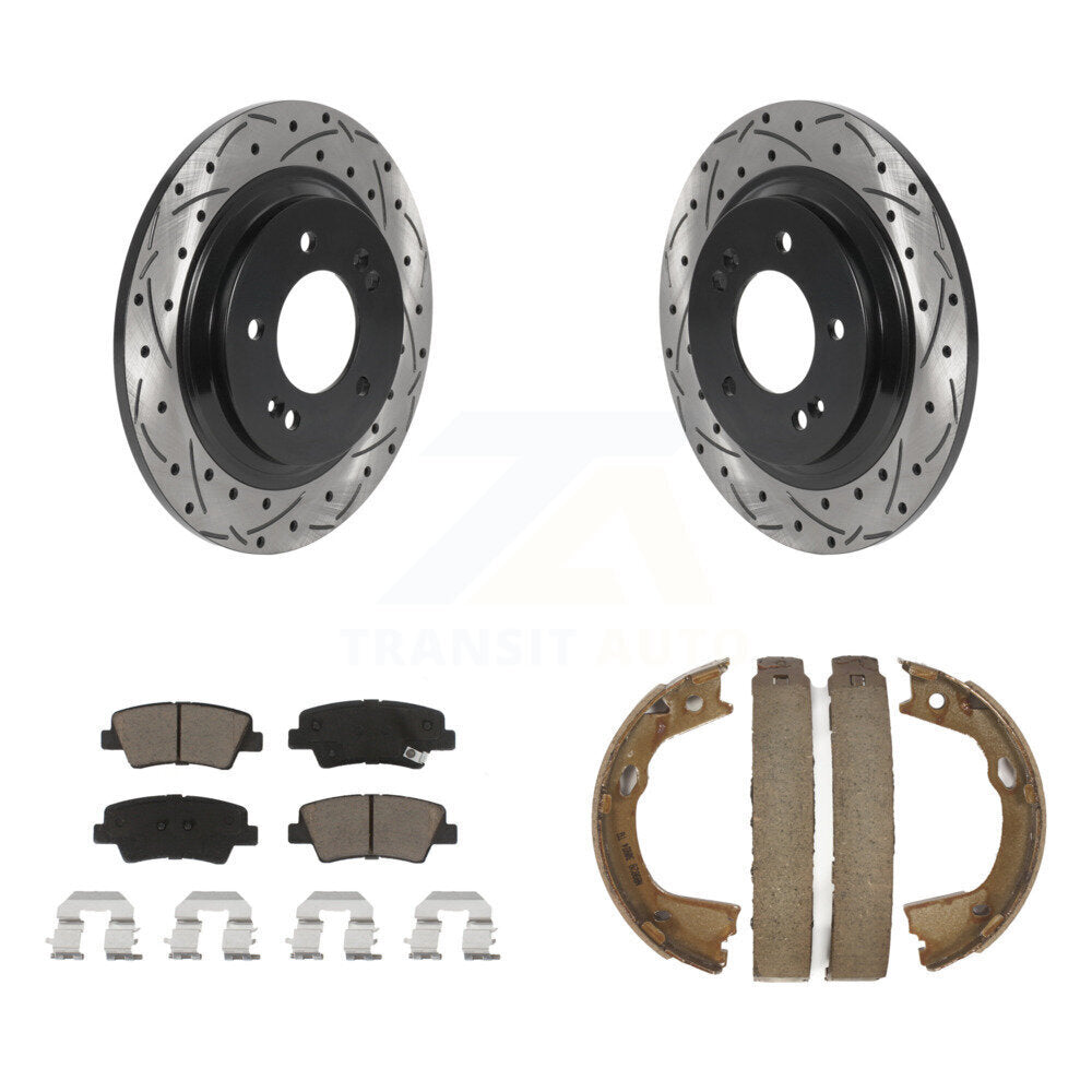 Rear Disc Drilled & Slotted Rotors Ceramic Pads And Parking Shoes Kit For Hyundai Sonata KDC-101469