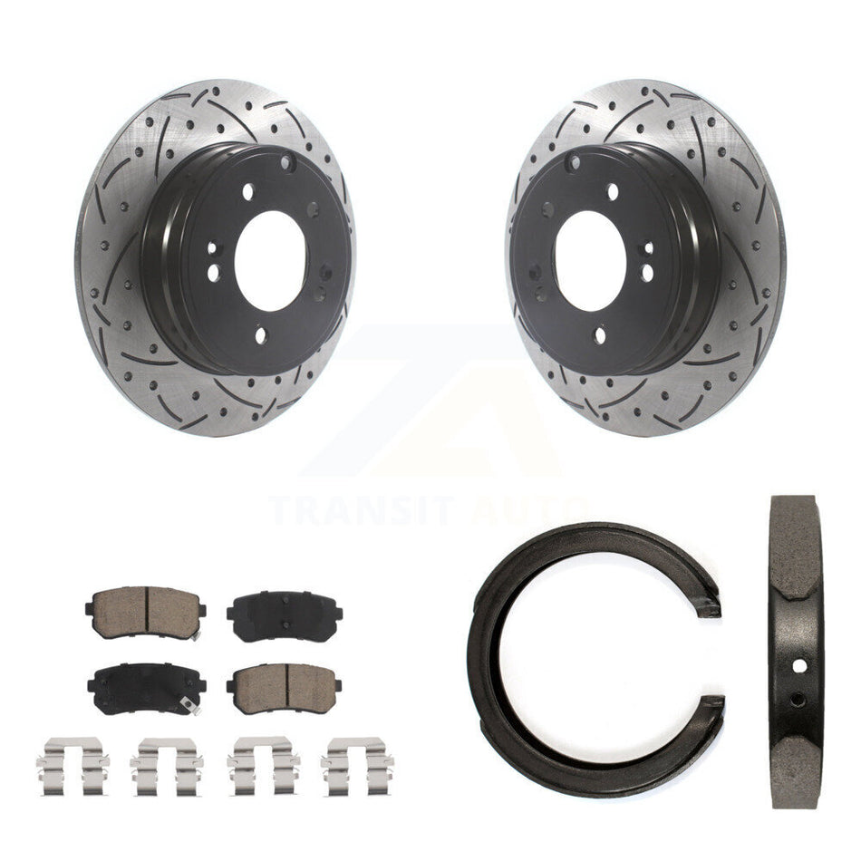 Rear Disc Drilled & Slotted Rotors Ceramic Pads Parking Brake Shoes Kit For Kia Optima KDC-101470