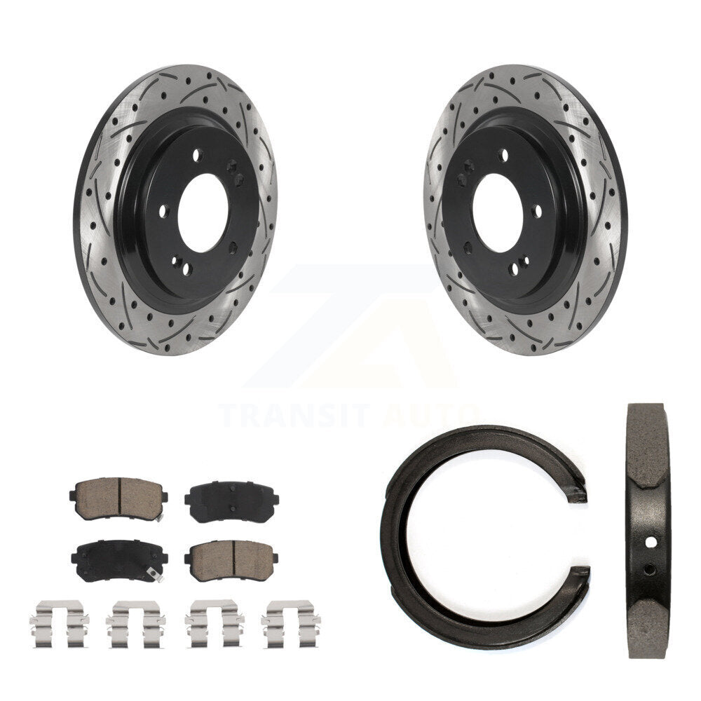 Rear Disc Drilled & Slotted Rotors Ceramic Pads Parking Brake Shoes Kit For Kia Optima KDC-101471
