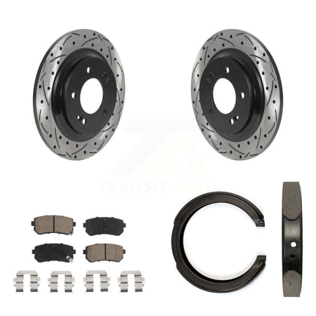 Rear Disc Drilled & Slotted Rotors Ceramic Pads Parking Brake Shoes Kit For Kia Optima KDC-101471