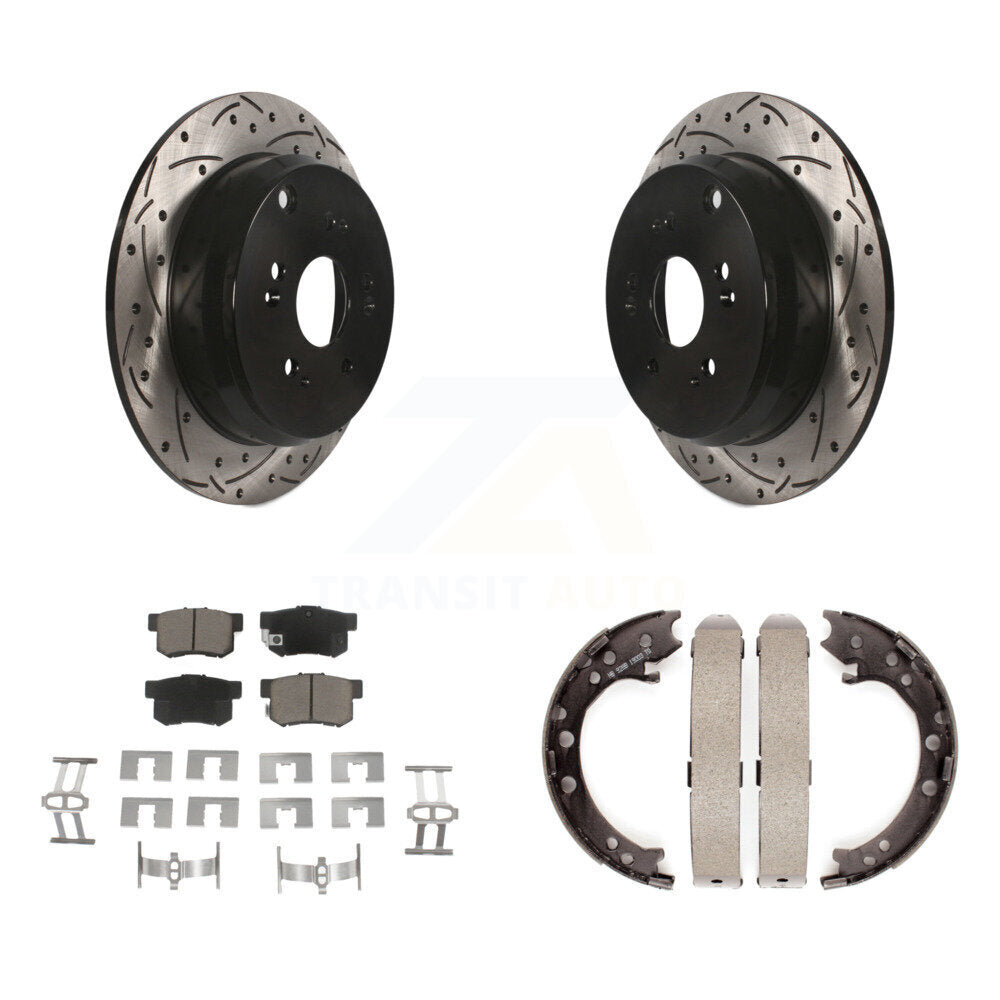 Rear Disc Drilled & Slotted Rotors Ceramic Pads And Parking Brake Shoes Kit For Acura RDX KDC-101474