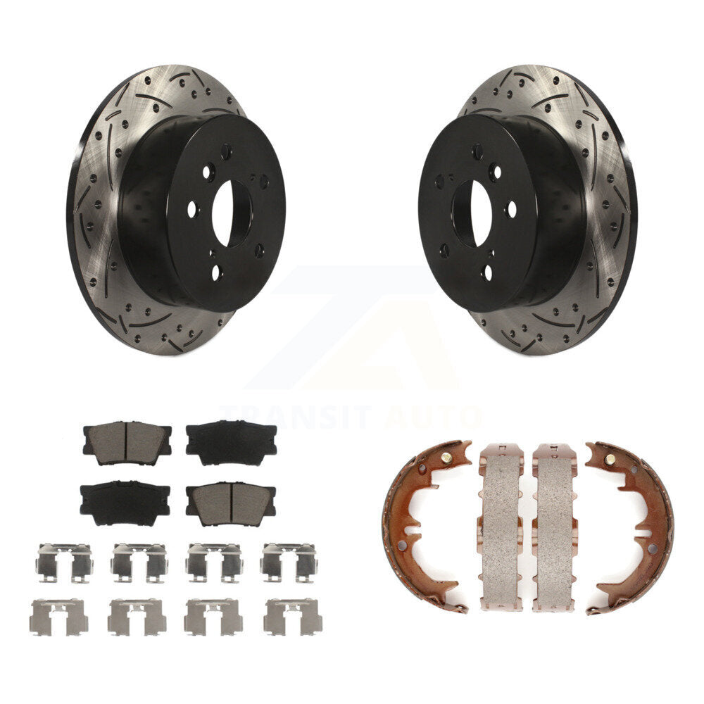 Rear Disc Drilled & Slotted Rotors Ceramic Pads Parking Shoes Kit For Toyota Camry Lexus KDC-101477