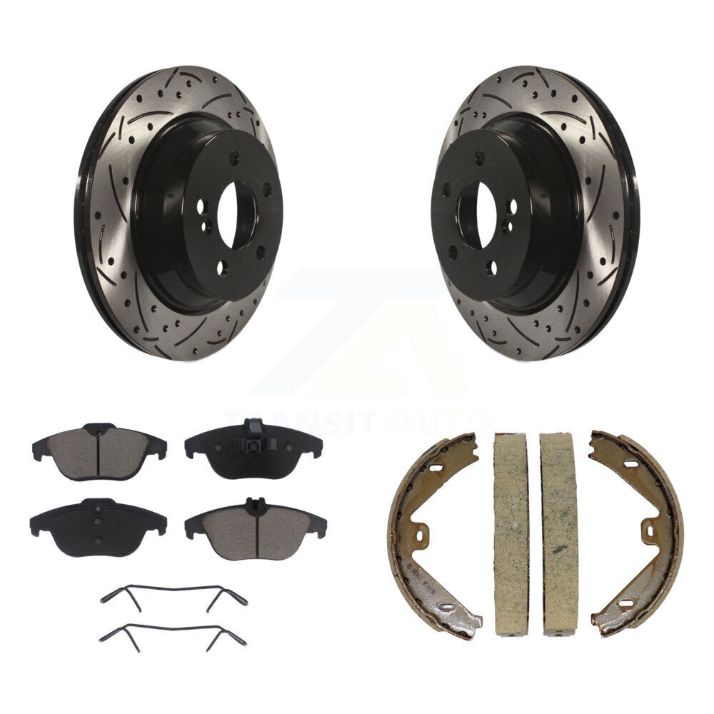Rear Disc Drilled & Slotted Rotors Ceramic Pads Parking Brake Shoes Kit For Mercedes-Benz KDC-101484