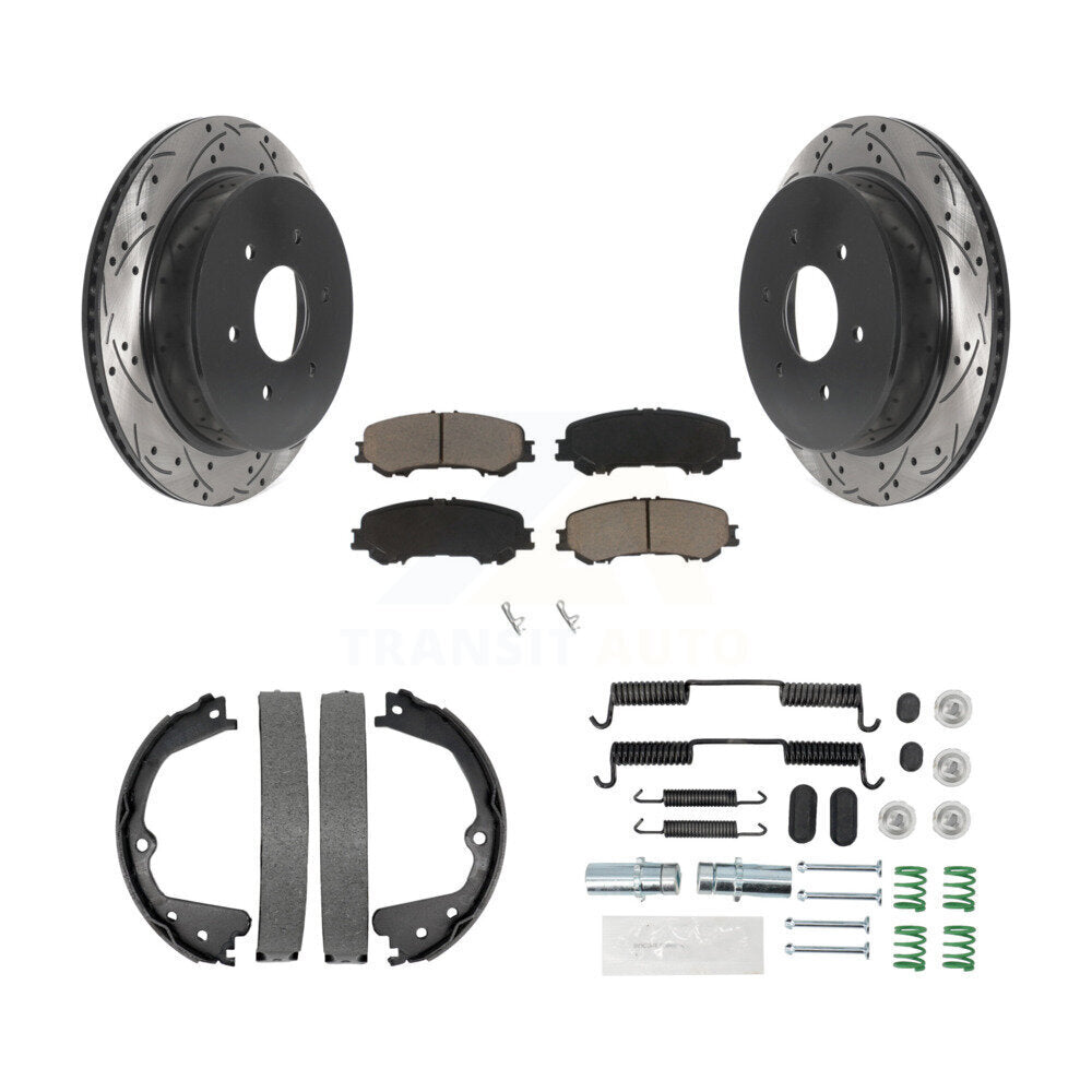 Rear Disc Drilled & Slotted Rotors Ceramic Pads Parking Brake Shoes And Hardware Kit For KDC-101485