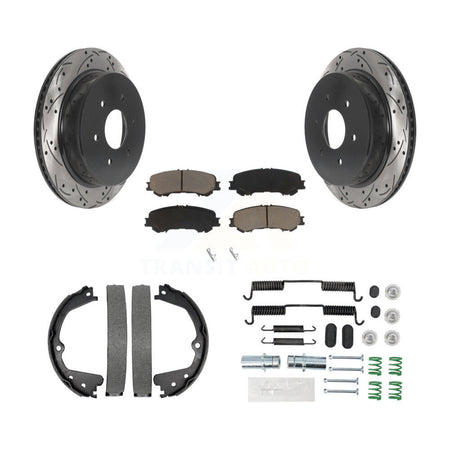 Rear Disc Drilled & Slotted Rotors Ceramic Pads Parking Brake Shoes And Hardware Kit For KDC-101485