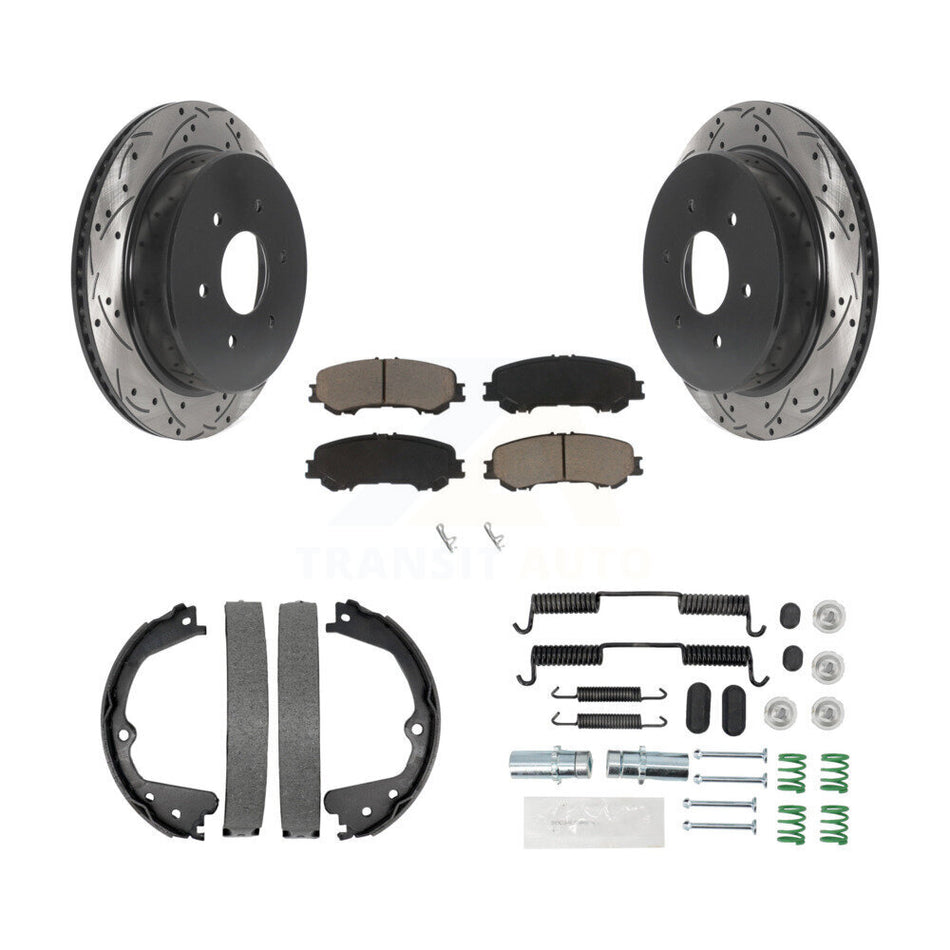 Rear Disc Drilled & Slotted Rotors Ceramic Pads Parking Brake Shoes And Hardware Kit For KDC-101485