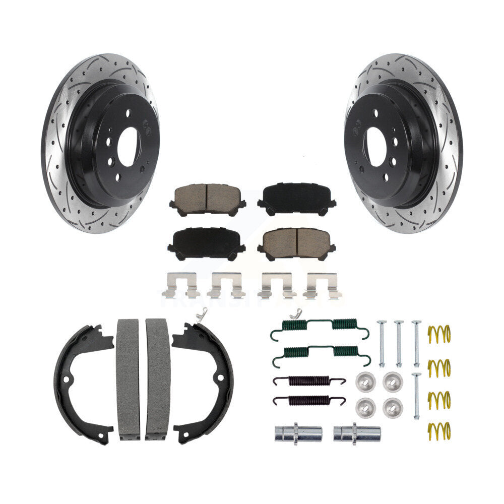Rear Disc Drilled & Slotted Rotors Ceramic Pads Parking Shoes And Hardware Kit For Honda KDC-101488