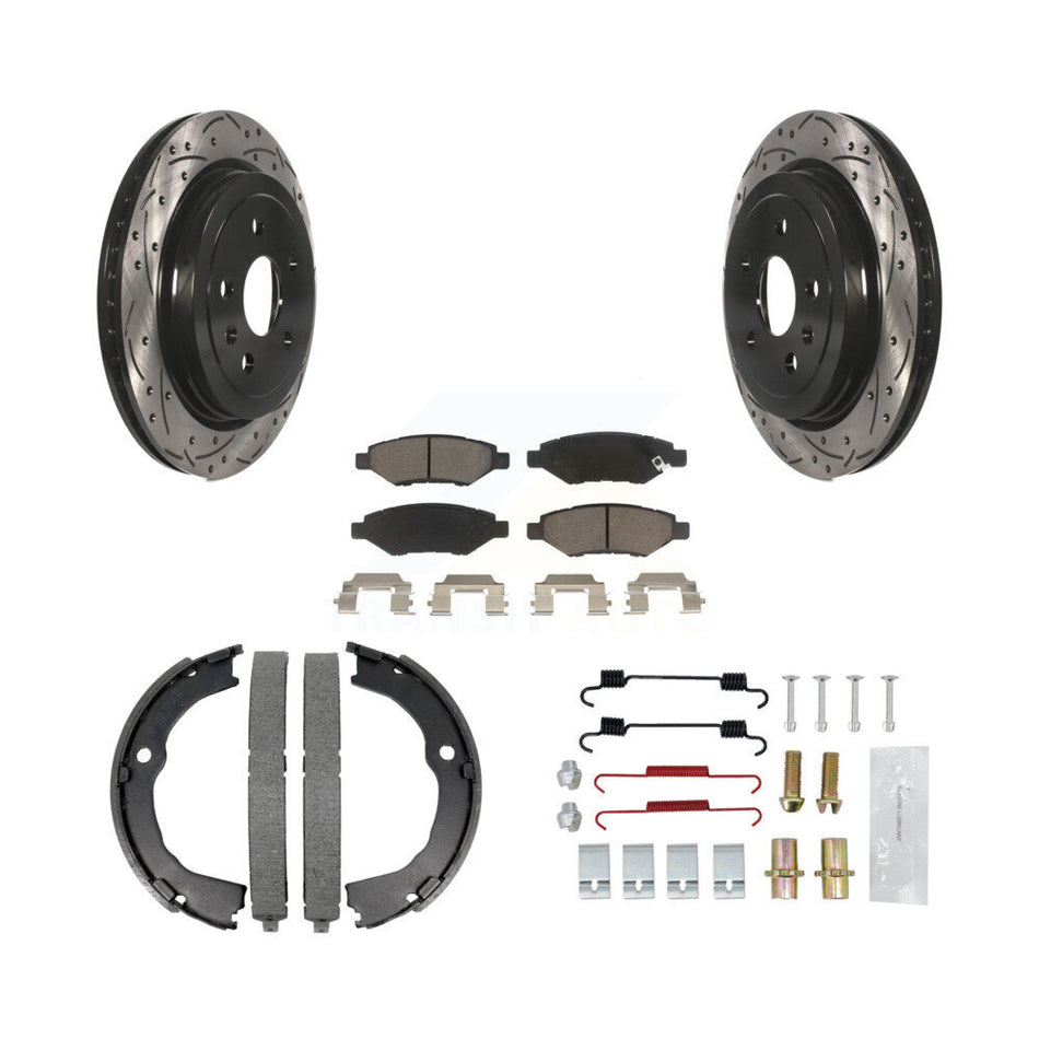 Rear Disc Drilled & Slotted Rotors Ceramic Pads Parking Shoes Hardware Kit For Chevrolet KDC-101489