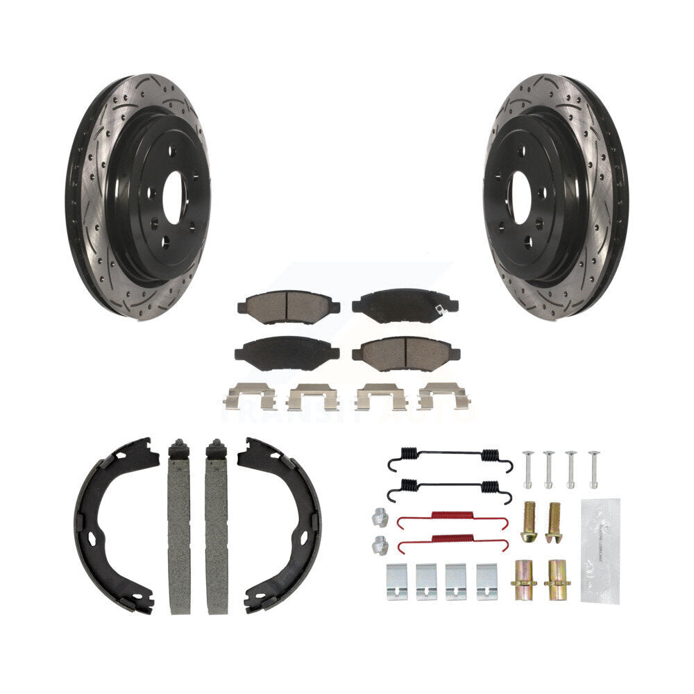 Rear Disc Drilled & Slotted Rotors Ceramic Pads Parking Brake Shoes And Hardware Kit For KDC-101491