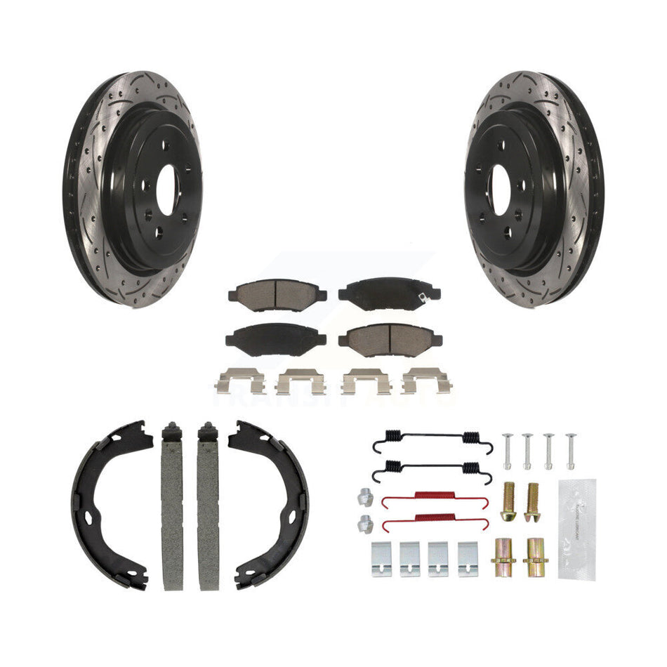Rear Disc Drilled & Slotted Rotors Ceramic Pads Parking Brake Shoes And Hardware Kit For KDC-101491