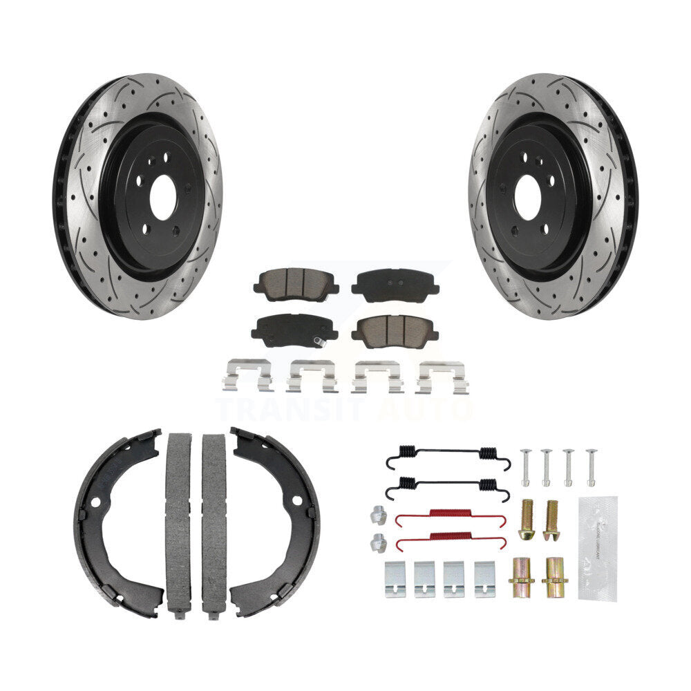 Rear Disc Drilled & Slotted Rotors Ceramic Pads Parking Brake Shoes And Hardware Kit For KDC-101492