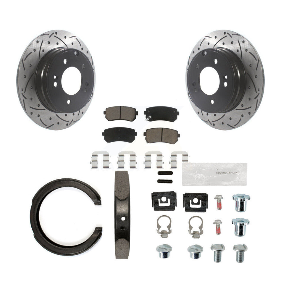 Rear Disc Drilled & Slotted Rotors Ceramic Pads Parking Shoes Hardware Kit For Hyundai KDC-101494
