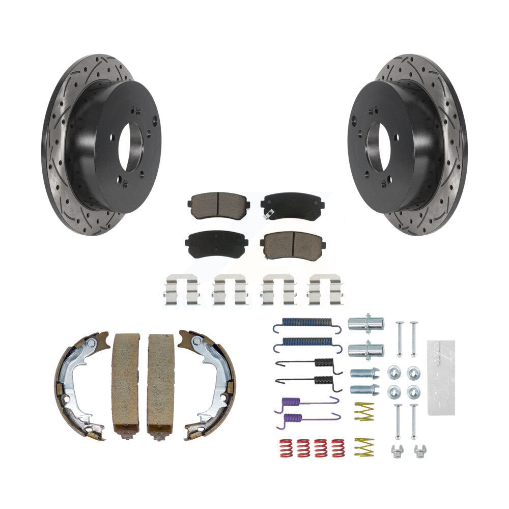 Rear Disc Drilled & Slotted Rotors Ceramic Pads Parking Shoes Hardware Kit For Hyundai KDC-101495