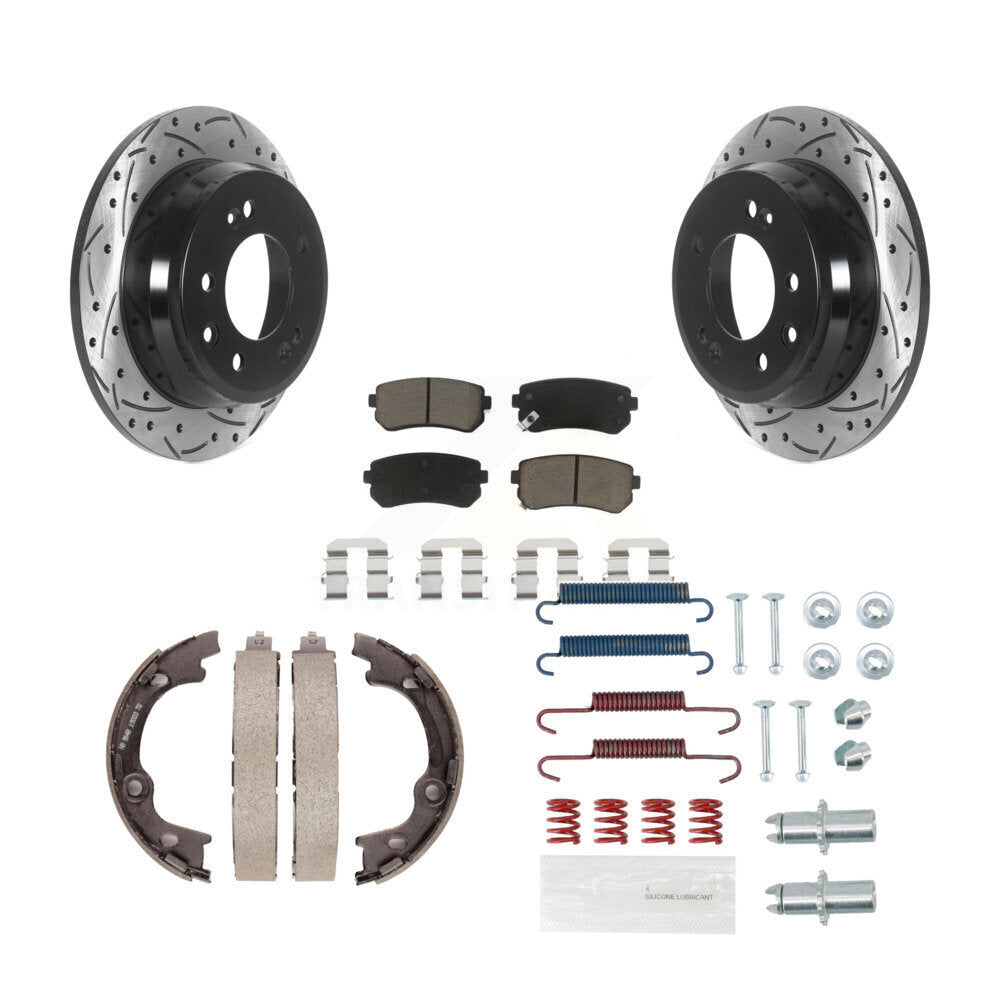 Rear Disc Drilled & Slotted Rotors Ceramic Pads Parking Brake Shoes And Hardware Kit For KDC-101496