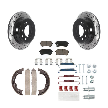 Rear Disc Drilled & Slotted Rotors Ceramic Pads Parking Brake Shoes And Hardware Kit For KDC-101496