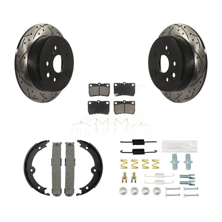 Rear Disc Drilled & Slotted Rotors Ceramic Pads Parking Brake Shoes And Hardware Kit For KDC-101498