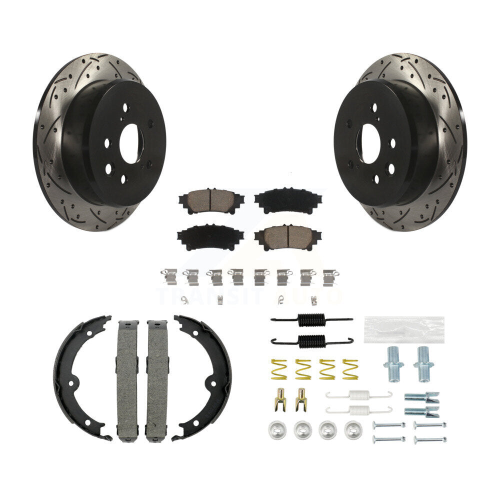 Rear Disc Drilled & Slotted Rotors Ceramic Pads Parking Brake Shoes And Hardware Kit For KDC-101499